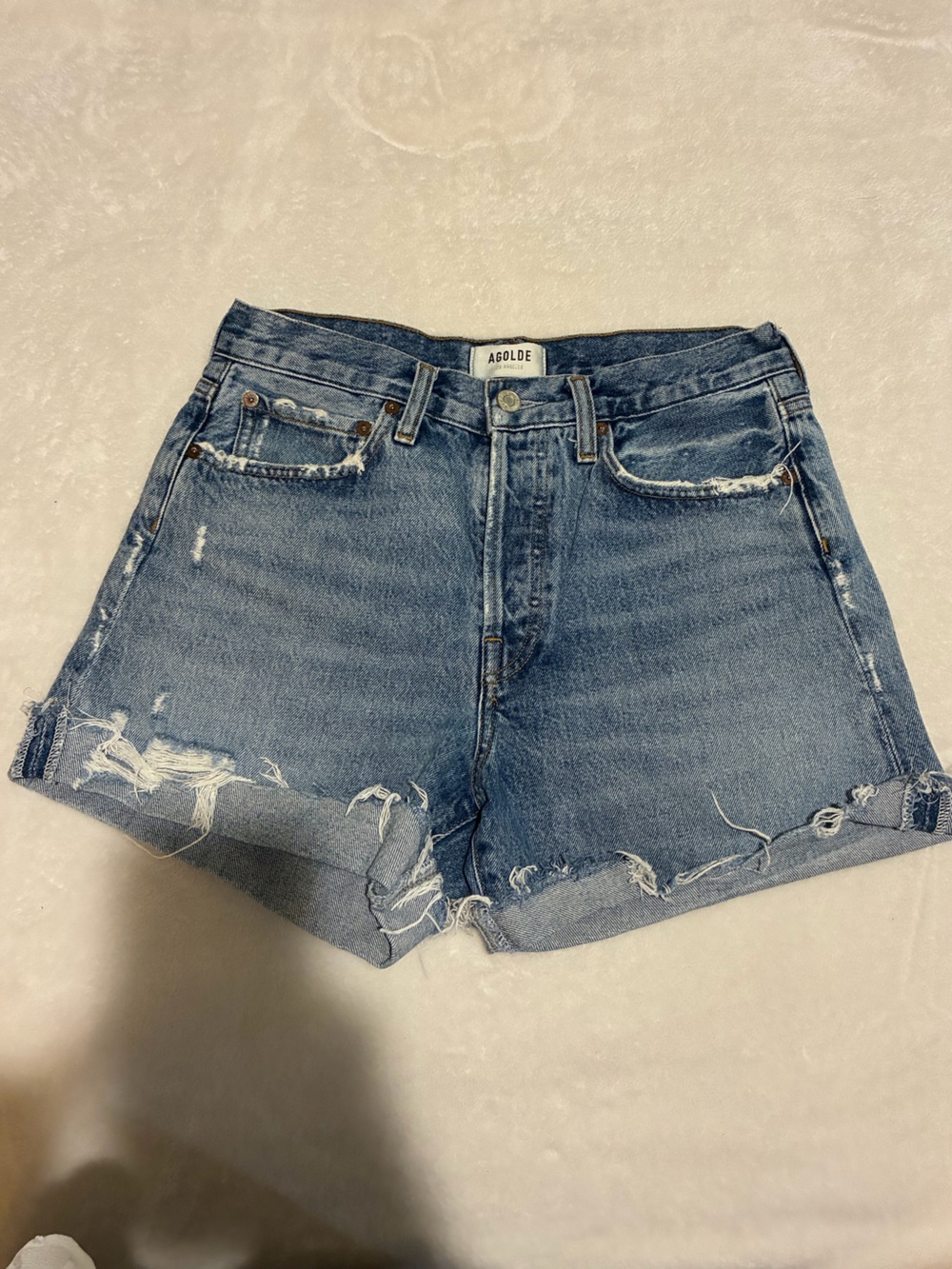 Agolde Light Blue Distressed Denim Cutoff Shorts